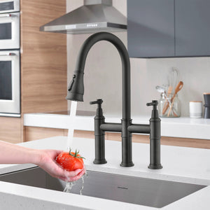 Double Handle Bridge Kitchen Faucet With Pull-Down Spray Head