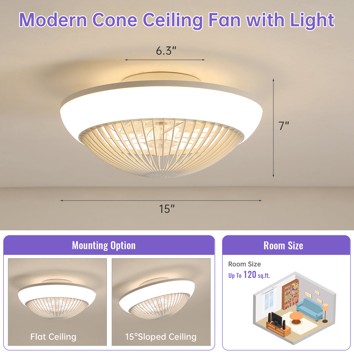 15"RGB Dimmable LED Ceiling Fan with Light