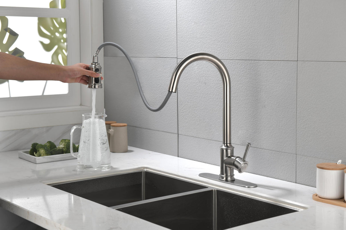 Single Handle High Arc Pull Out Kitchen Faucet Brushed Nickel