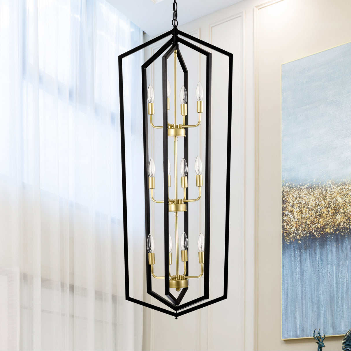 Modern black and gold geometric pendant chandelier with 12 candle-style LED lights, perfect for illuminating dining rooms with an elegant and contemporary design – available at Boltbuy.com