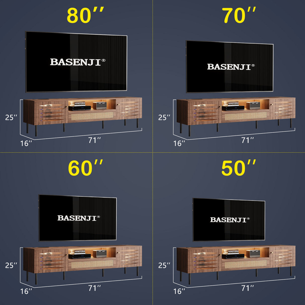 LED TV Stand for 75" TV, Gaming Center with Power Outlet, 71" Mid-Century Modern Console with 2 Storage Cabinets.