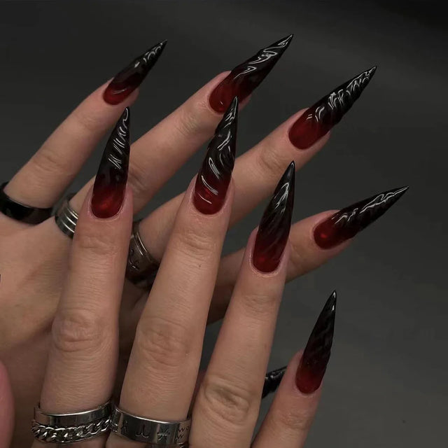 24Pcs Halloween Press on Nails- Gradient Long 3D Crystal Stripes 