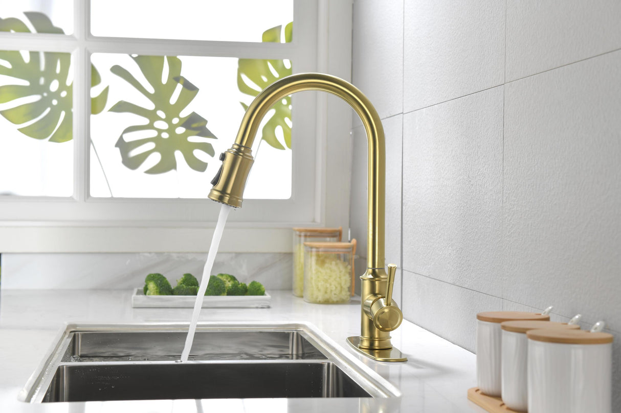 Single Handle High Arc Pull Out Kitchen Faucet Brushed Gold