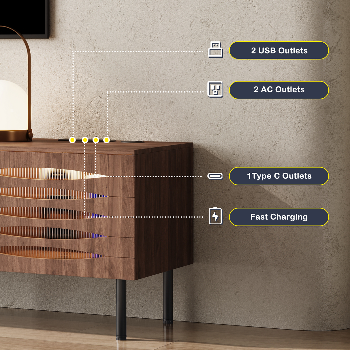 LED TV Stand for 75" TV, Gaming Center with Power Outlet, 71" Mid-Century Modern Console with 2 Storage Cabinets.