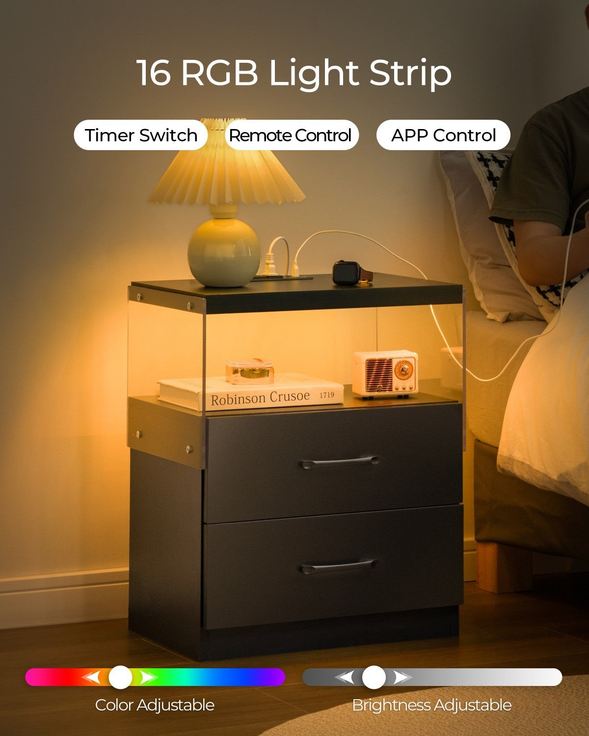 Nightstand with LED Lights, Adjustable Light Colors, Bedside Table, Side Table with 2 Drawers,Black