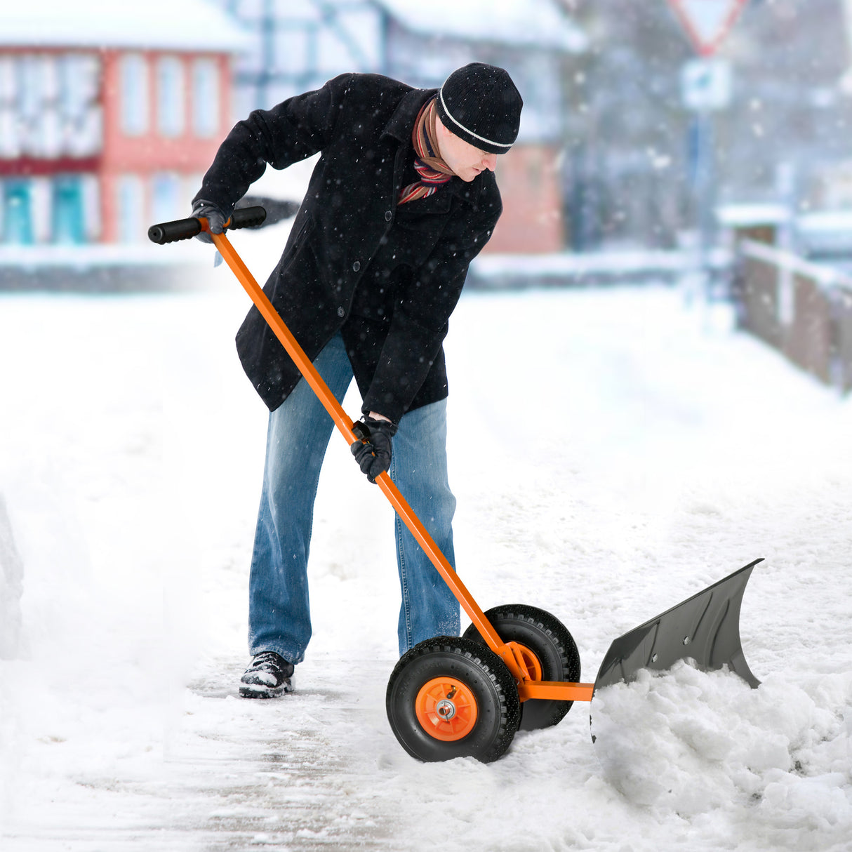 Snow Shovel with Wheels, Snow Pusher, Cushioned Adjustable Angle Handle Snow Removal Tool, 29" Blade, 10" Wheels, Orange