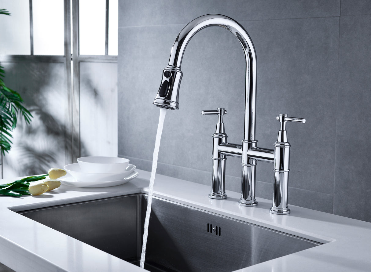 Bridge Kitchen Faucet with Pull-Down Sprayhead in Spot