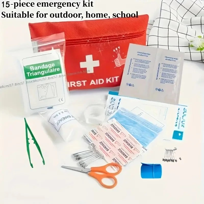 15-piece portable first aid emergency kit with scissors, bandages, wipes, and safety essentials for outdoor, home, or school use – ideal for hiking, camping, or travel safety from BoltBuy