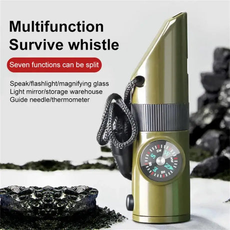 7-in-1 multifunctional survival whistle with compass, thermometer, LED light, magnifier, signal mirror, and storage, perfect for outdoor adventures and emergency preparedness at BoltBuy.com