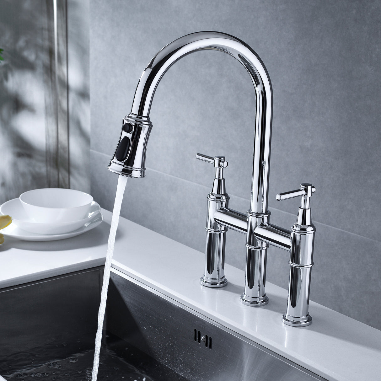 Bridge Kitchen Faucet with Pull-Down Sprayhead in Spot