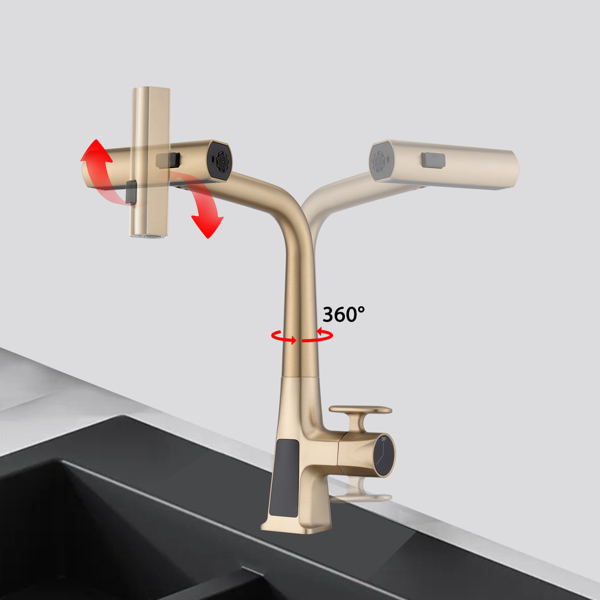 Brushed Gold Waterfall Kitchen Faucet with Temperature Display