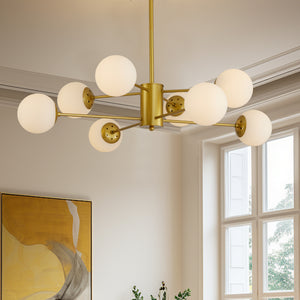 Modern 8-Light Gold Chandelier with White Glass Globe Shades, Mid-Century Branching Design, Elegant Ceiling Light Fixture for Dining Room, Living Room, or Bedroom (No Bulbs)