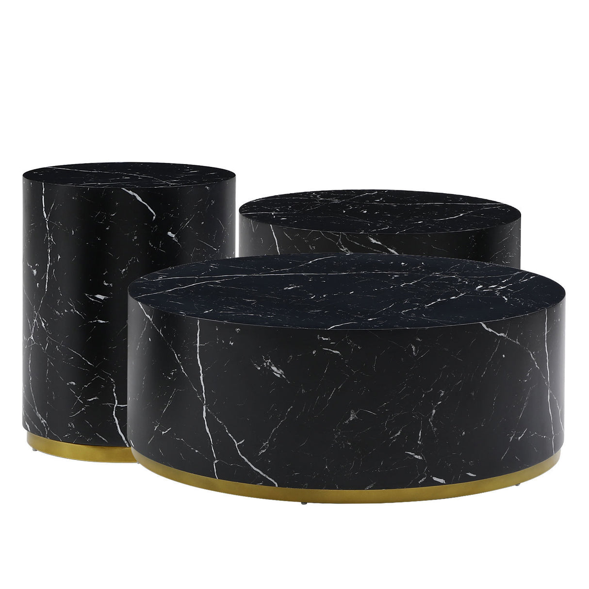 Set of 3 Black Marble Pattern  Round Coffee Table side Table End Table Set for Living Room Fully Assembled