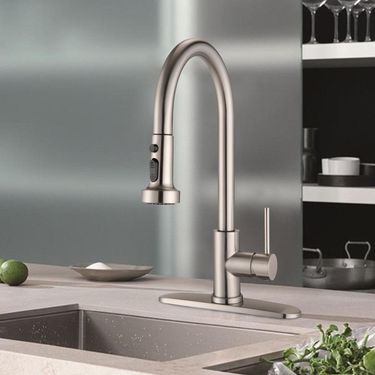 Stainless Steel Pull Down Kitchen Faucet with Sprayer Brushed Nickel