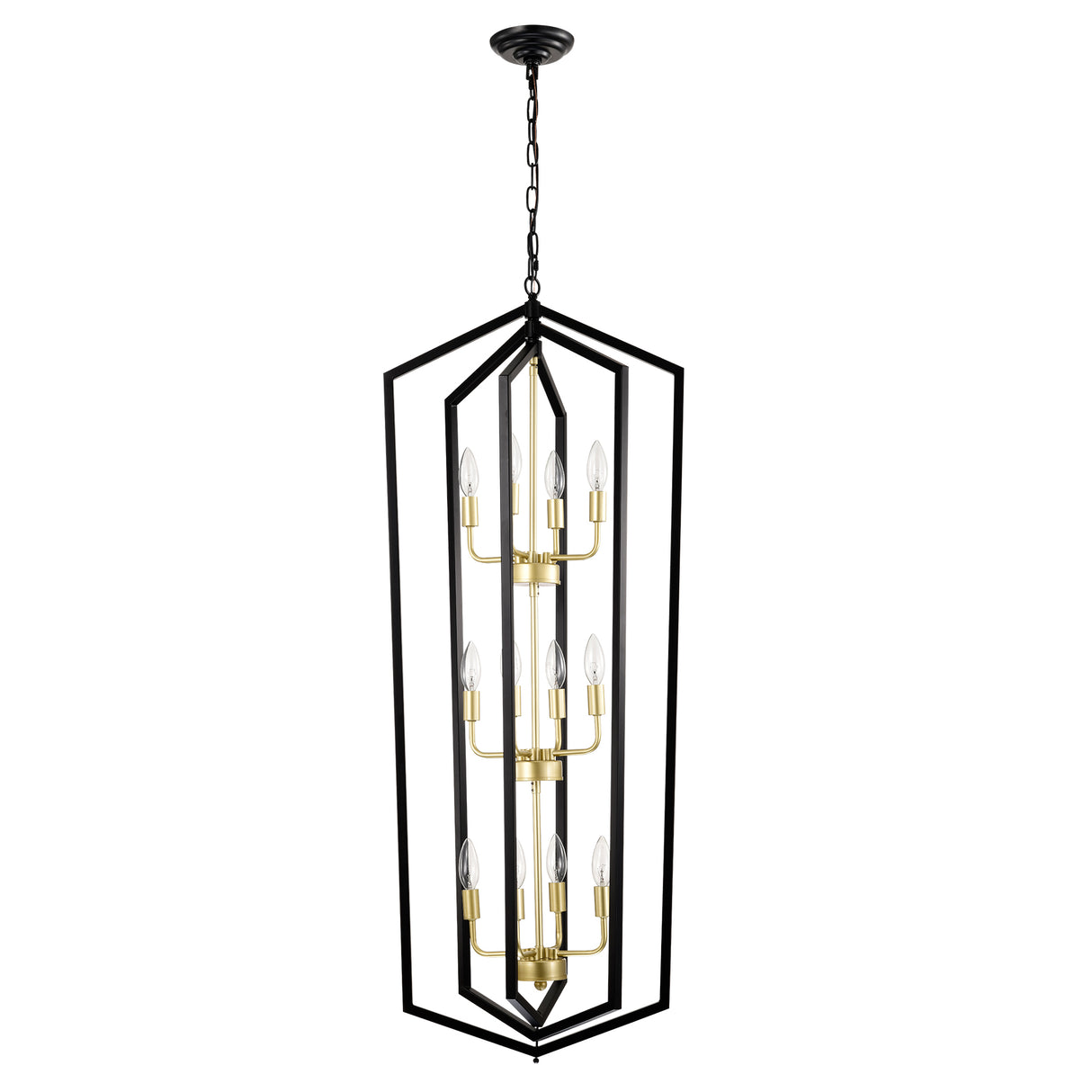 Modern black and gold geometric pendant chandelier with 12 candle-style LED lights, perfect for illuminating dining rooms with an elegant and contemporary design – available at Boltbuy.com