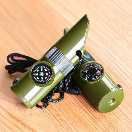 7-in-1 multifunctional survival whistle with compass, thermometer, LED light, magnifier, signal mirror, and storage, perfect for outdoor adventures and emergency preparedness at BoltBuy.com