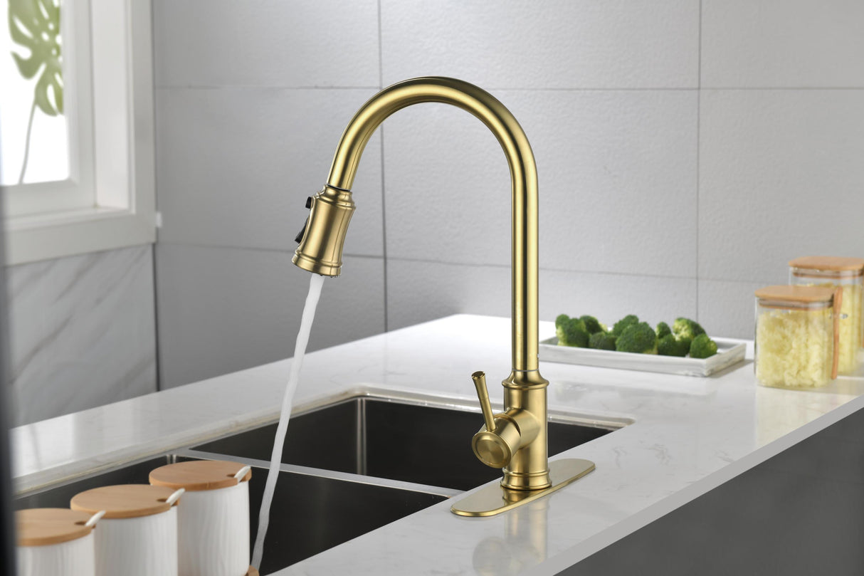 Single Handle High Arc Pull Out Kitchen Faucet Brushed Gold