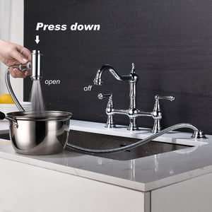 Bridge Dual Handles Kitchen Faucet With Pull-Out Side Spray in