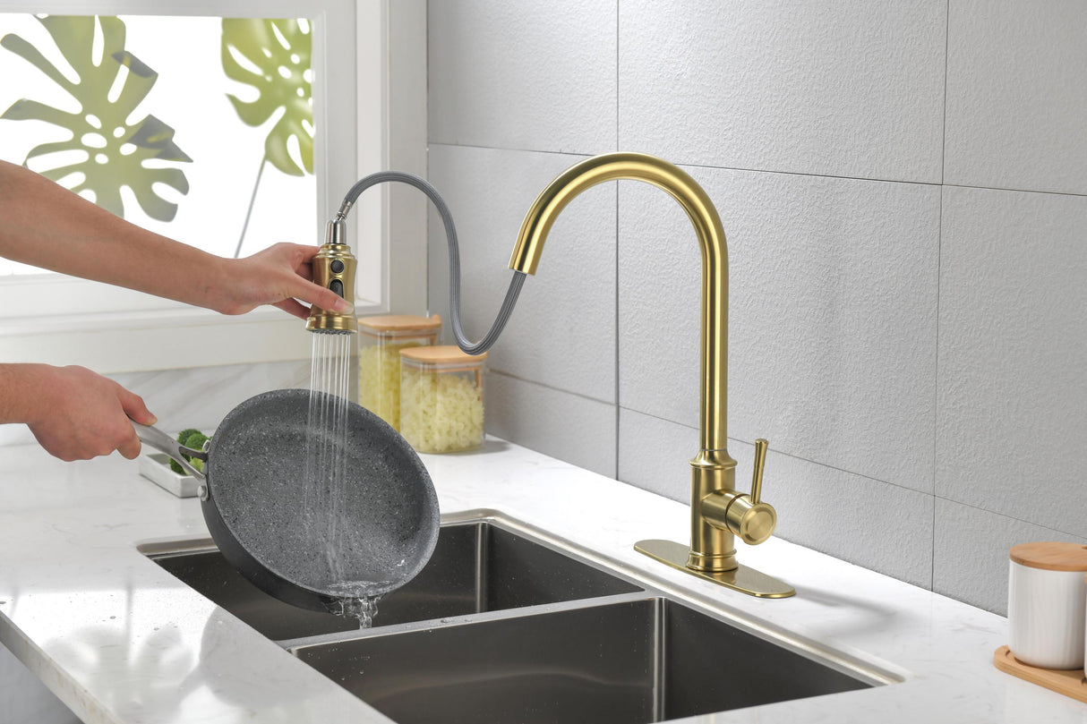 Single Handle High Arc Pull Out Kitchen Faucet Brushed Gold