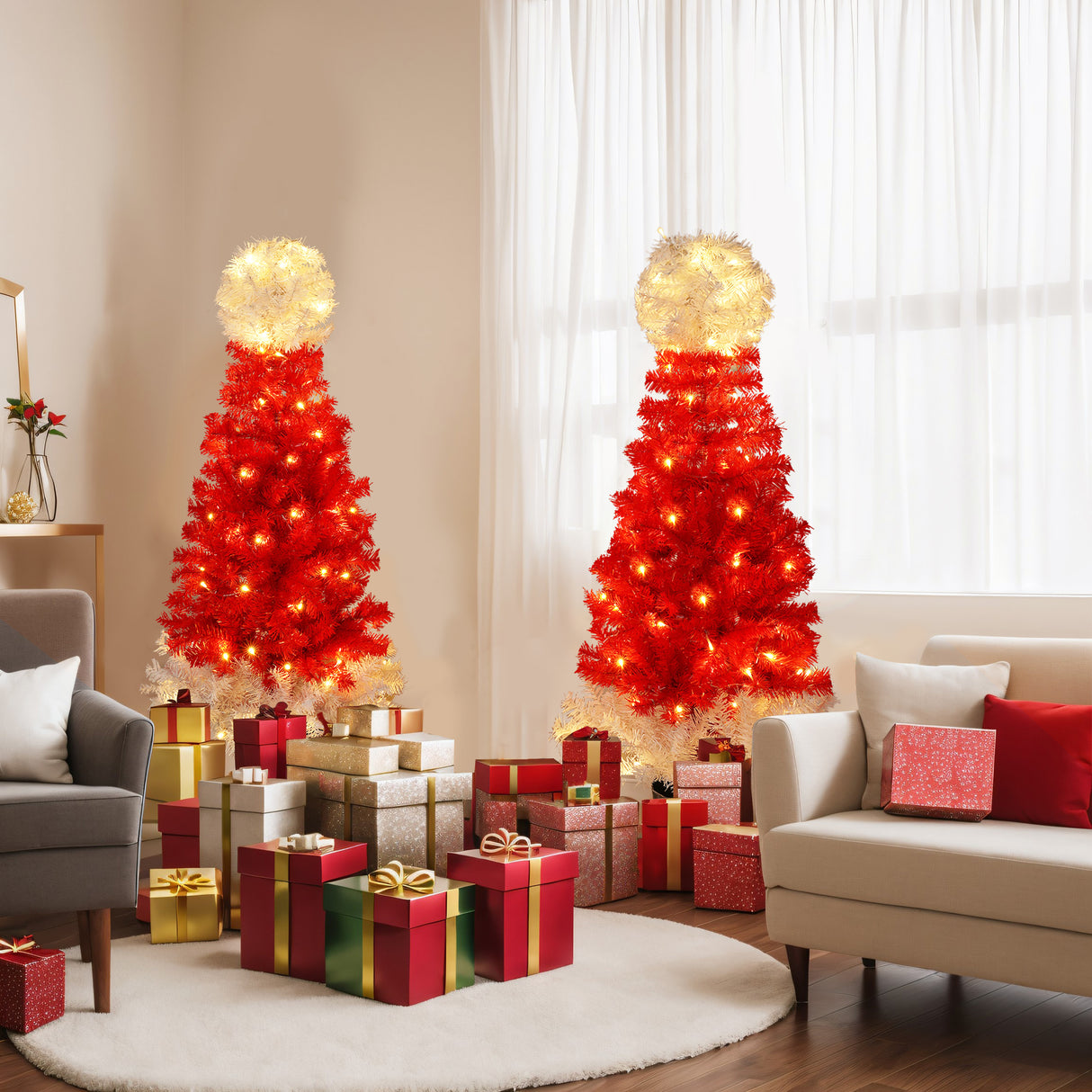 Festive red and white LED Christmas tree for indoor holiday decor, featuring vibrant lights and a unique snow-topped design, perfect for creating a warm, joyful atmosphere in your living room or near the fireplace. Shop at Boltbuy.com for elegant Christmas decorations