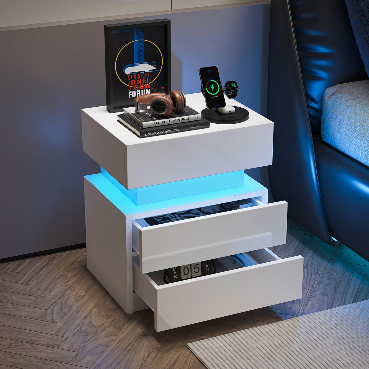 NEW LED Nightstand Modern White Nightstand with Led Lights Wood Led Bedside Table Nightstand with 2 High Gloss Drawers for Bedroom