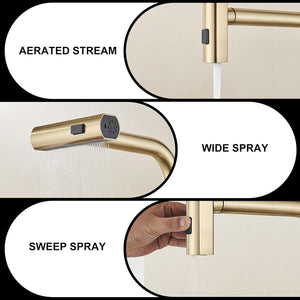 Brushed Gold Kitchen waterfall faucet with pull down sprayer