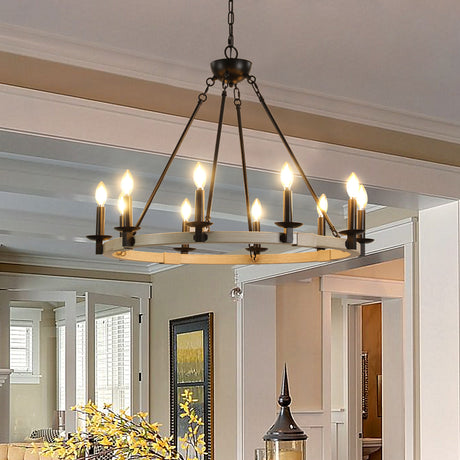 Rustic industrial 8-light chandelier for dining rooms, featuring a metal and wood circular frame with candelabra-style bulbs, perfect for farmhouse-style interiors. Ideal lighting solution to enhance dining room aesthetics. Available at Boltbuy.com