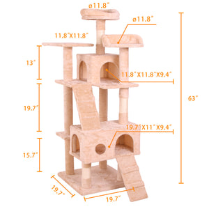 Beige multi-level cat tree with cozy perches, scratching posts, and a hidden cubby, perfect for providing cats a comfortable place to play, climb, and rest. Stylish and durable design for pet furniture lovers at BoltBuy.com.