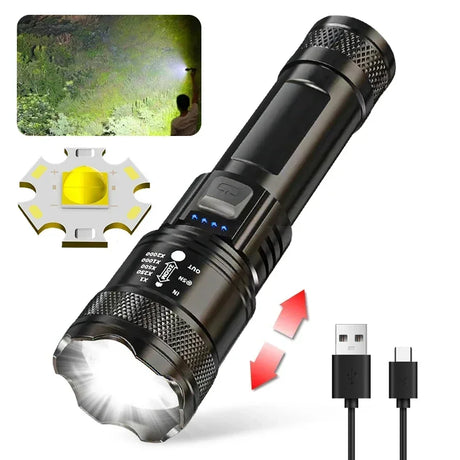 High-power 20,000 lumens waterproof LED zoom flashlight with 1500m range, ideal for outdoor activities like hiking and camping, available at BoltBuy.com