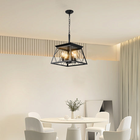 Elegant dining room chandelier featuring a geometric black and wood frame with four exposed bulbs, perfect for modern and rustic interiors. Ideal for illuminating dining spaces with a warm, inviting glow. Available now at BoltBuy.com