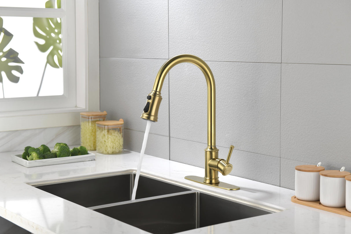 Single Handle High Arc Pull Out Kitchen Faucet Brushed Gold