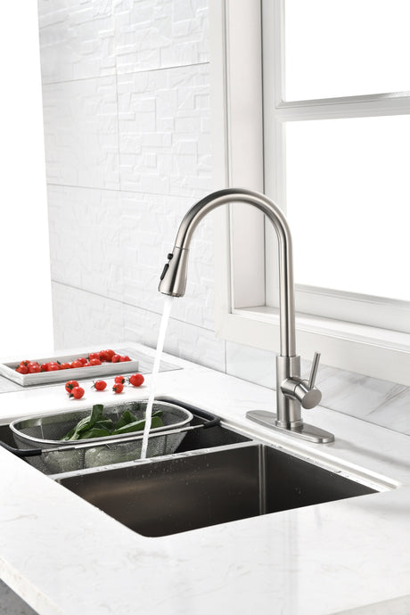 Single Handle High Arc Brushed Nickel Pull Out Kitchen Faucet