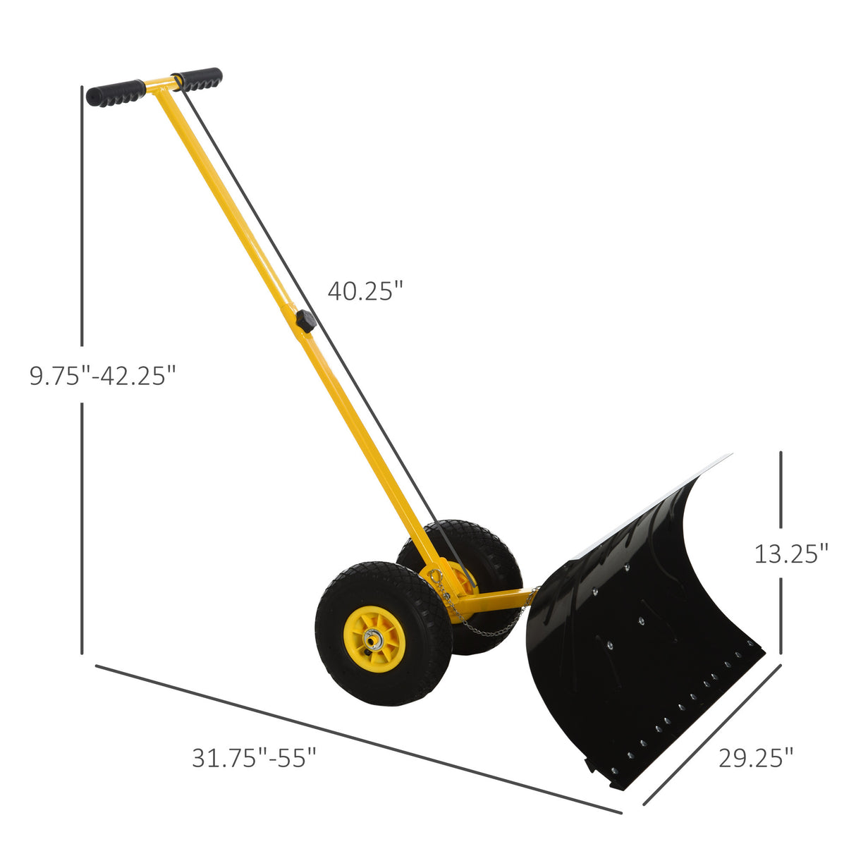 Snow Shovel with Wheels, Snow Pusher, Cushioned Adjustable Angle Handle Snow Removal Tool, 29" Blade, 10" Wheels, Yellow