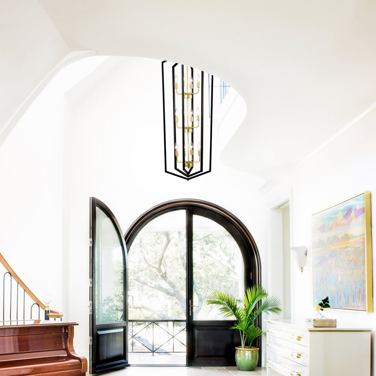 Modern black and gold geometric pendant chandelier with 12 candle-style LED lights, perfect for illuminating dining rooms with an elegant and contemporary design – available at Boltbuy.com