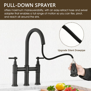 Double Handle Bridge Kitchen Faucet With Pull-Down Spray Head