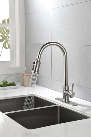 Single Handle High Arc Pull Out Kitchen Faucet Brushed Nickel