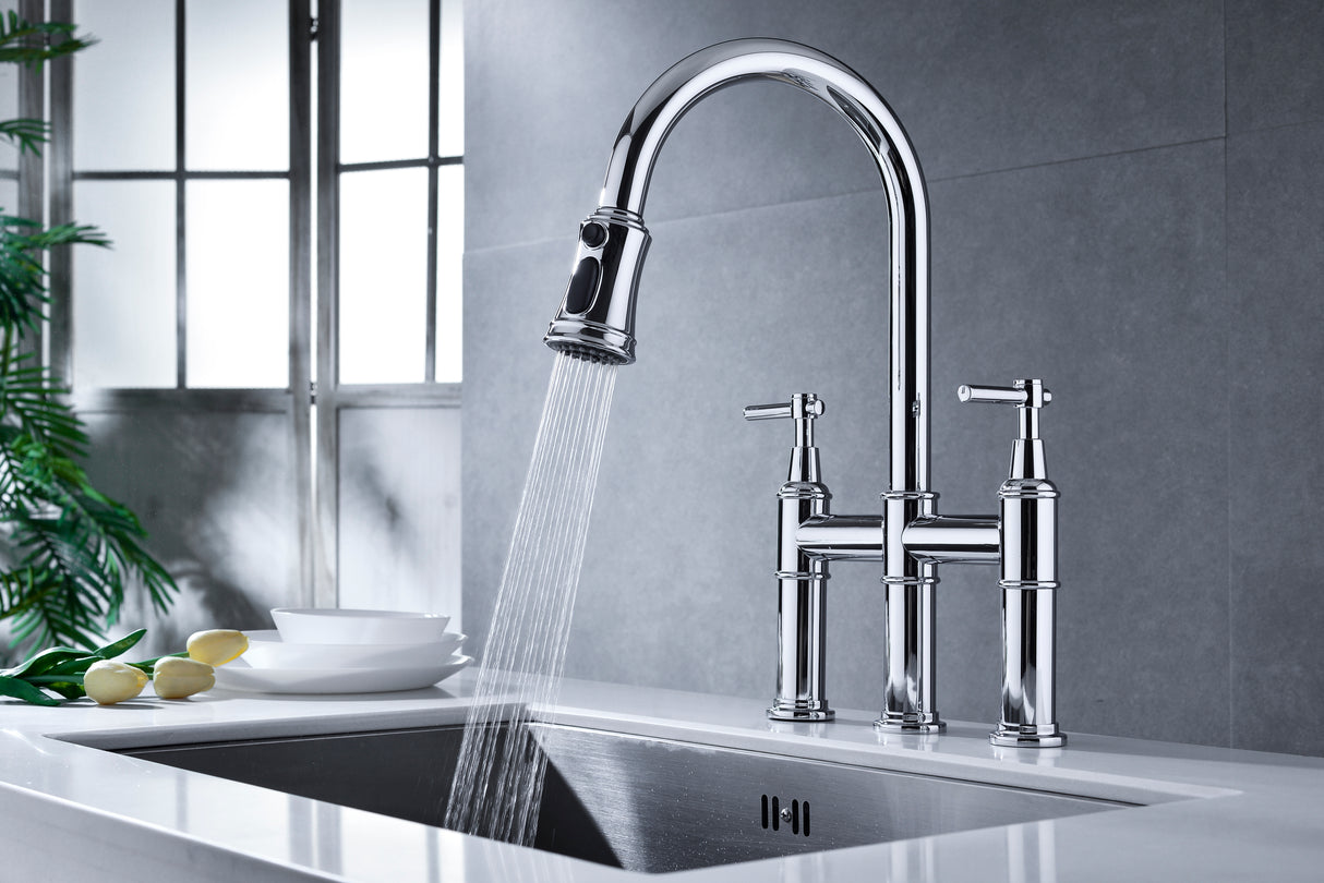 Bridge Kitchen Faucet with Pull-Down Sprayhead in Spot