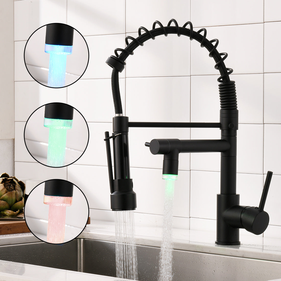 LED Commercial Kitchen Faucet with Pull Down Sprayer