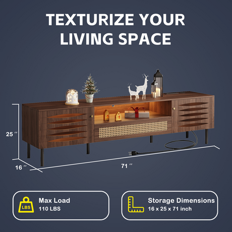 LED TV Stand for 75" TV, Gaming Center with Power Outlet, 71" Mid-Century Modern Console with 2 Storage Cabinets.