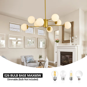 Modern 8-Light Gold Chandelier with White Glass Globe Shades, Mid-Century Branching Design, Elegant Ceiling Light Fixture for Dining Room, Living Room, or Bedroom (No Bulbs)