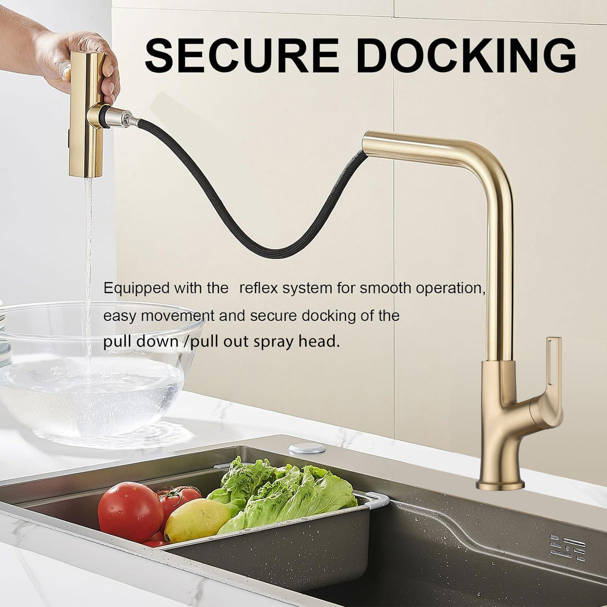 Brushed Gold Kitchen waterfall faucet with pull down sprayer