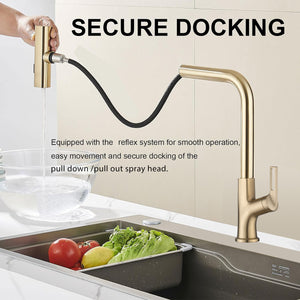 Brushed Gold Kitchen waterfall faucet with pull down sprayer