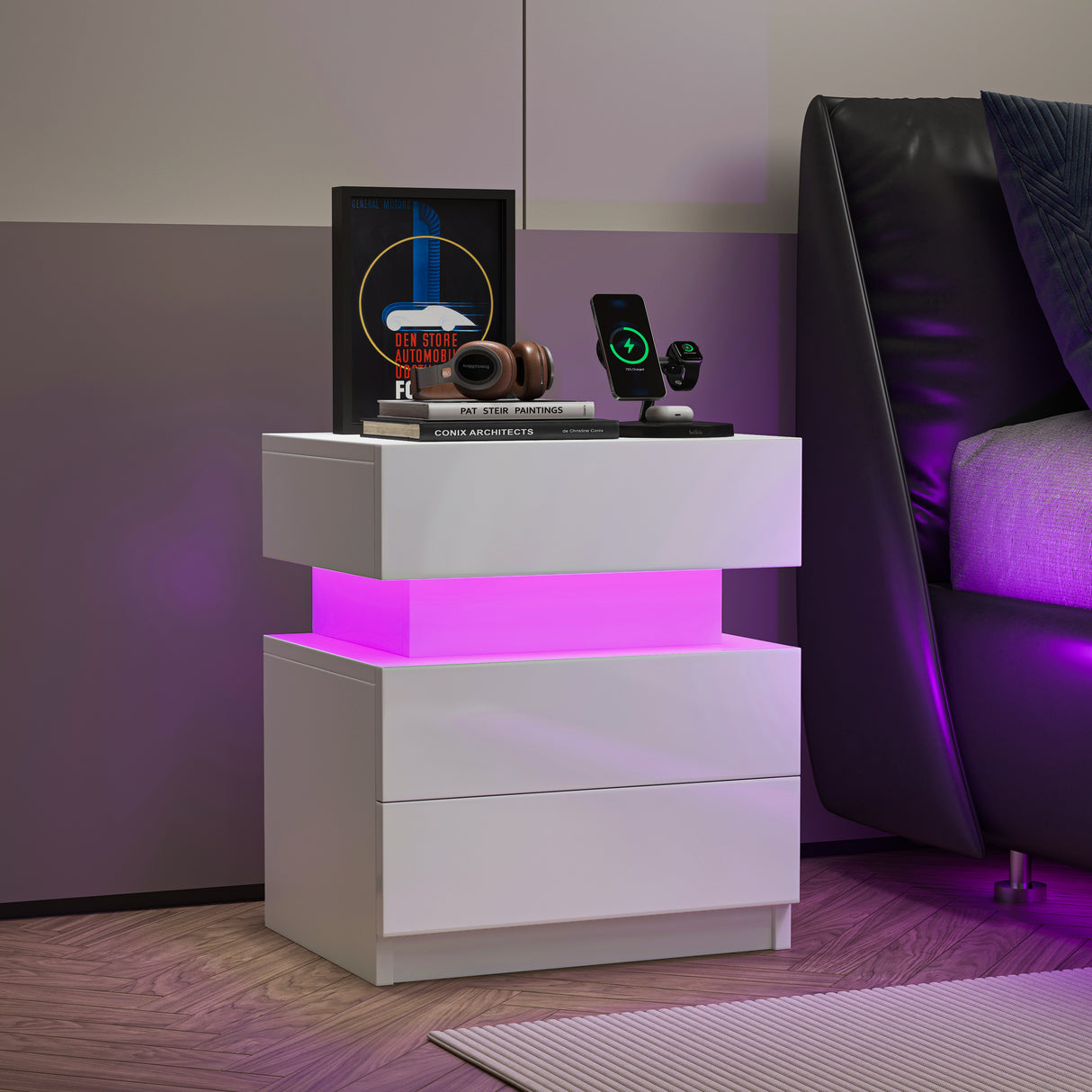 NEW LED Nightstand Modern White Nightstand with Led Lights Wood Led Bedside Table Nightstand with 2 High Gloss Drawers for Bedroom