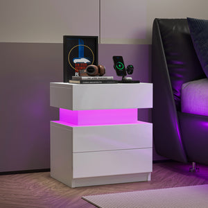 NEW LED Nightstand Modern White Nightstand with Led Lights Wood Led Bedside Table Nightstand with 2 High Gloss Drawers for Bedroom