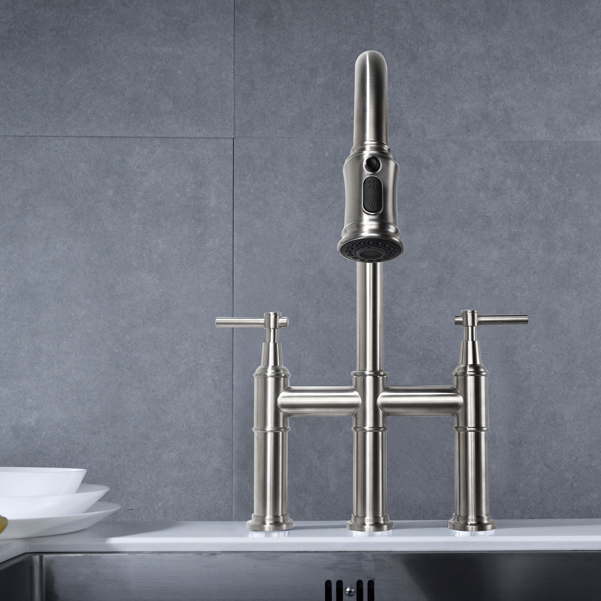 Bridge Kitchen Faucet with Pull-Down Sprayhead in Spot