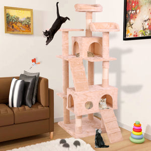 Beige multi-level cat tree with cozy perches, scratching posts, and a hidden cubby, perfect for providing cats a comfortable place to play, climb, and rest. Stylish and durable design for pet furniture lovers at BoltBuy.com.