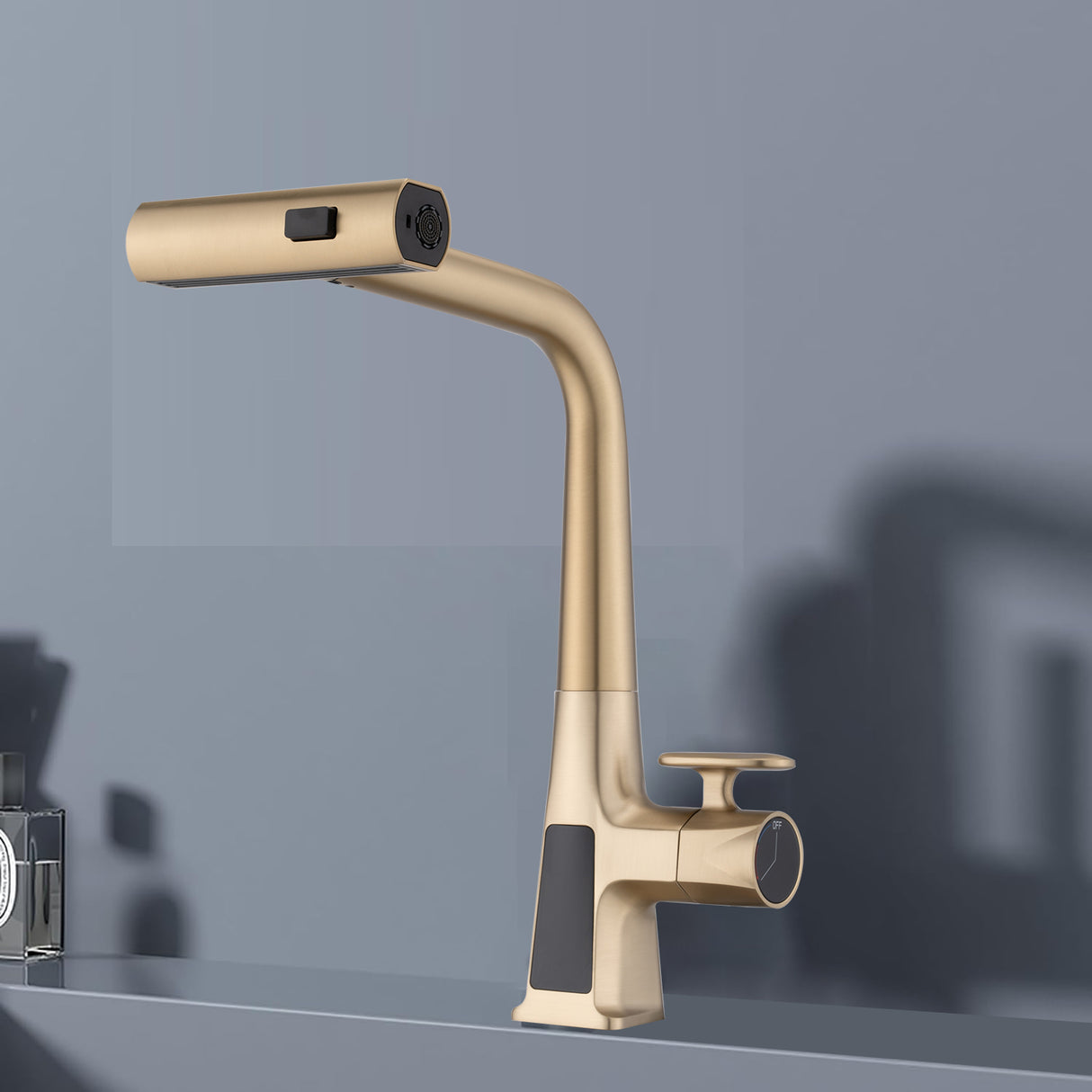 Brushed Gold Waterfall Kitchen Faucet with Temperature Display