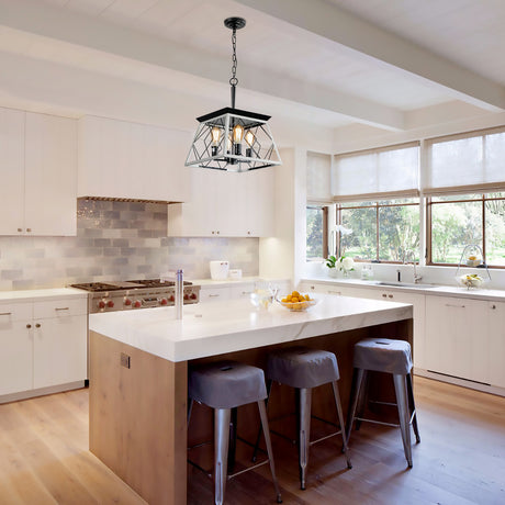 Elegant dining room chandelier featuring a geometric black and wood frame with four exposed bulbs, perfect for modern and rustic interiors. Ideal for illuminating dining spaces with a warm, inviting glow. Available now at BoltBuy.com