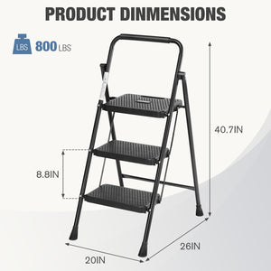 3 Non-slip step ladder, quick folding steel ladder Sturdy metal supported household tools for home/office work at altitude, portable step tools