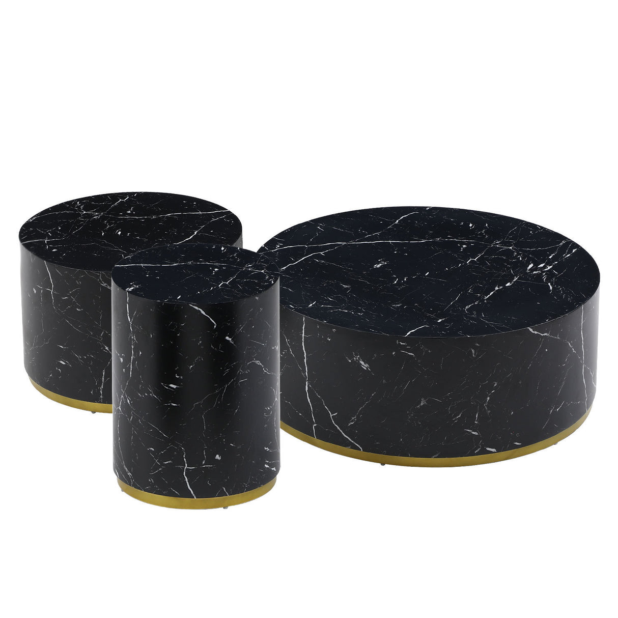 Set of 3 Black Marble Pattern  Round Coffee Table side Table End Table Set for Living Room Fully Assembled